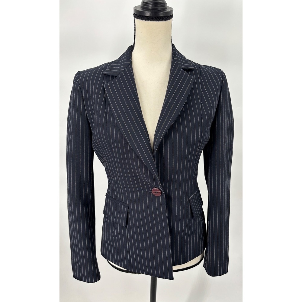 LA CITY Pinstripe Blazer Womens Size 1 Navy Blue White Striped Made in France